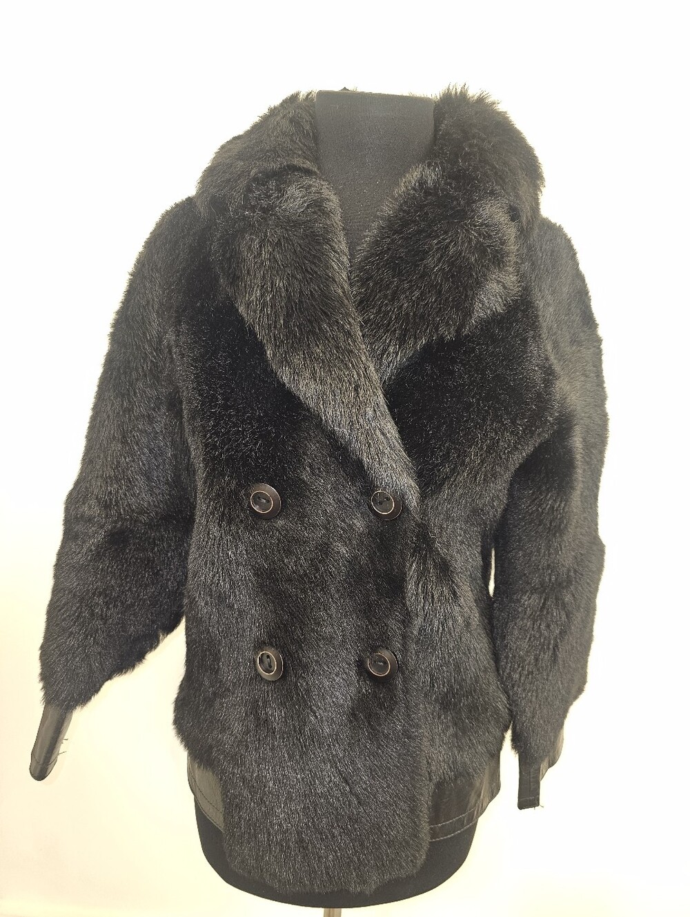 Black Double Breasted Fur & Imported Sheepskin Leather Jacket